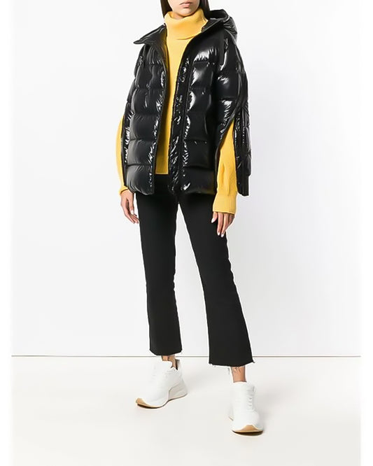 MONC Liriope Black Slant Zipper Hooded Women's Down Jacket 2-8114