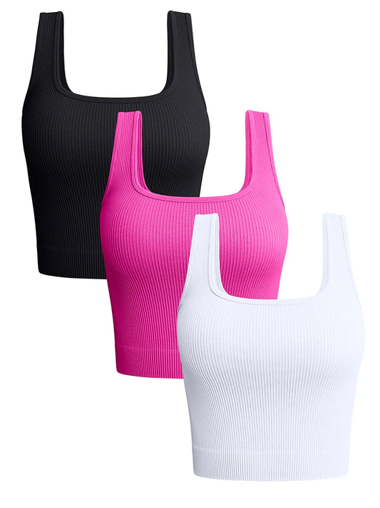 NL5536 Women Solid Square Neck Ribbed Tank Sleeveless Crop Tops