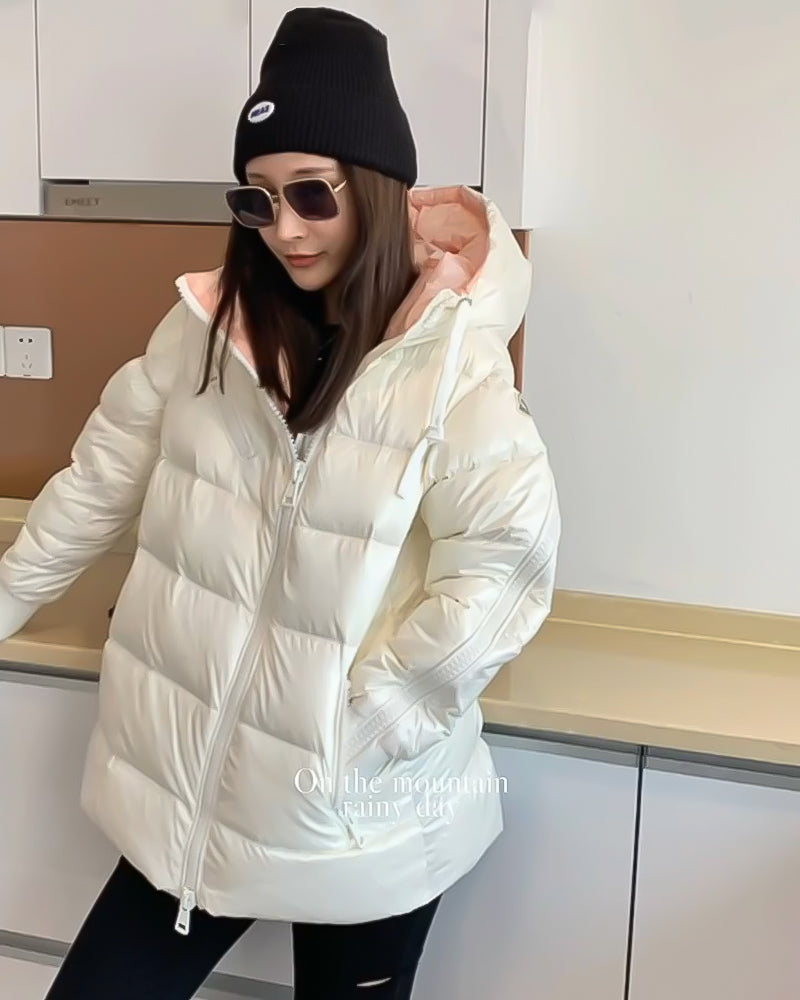 MONC Liriope White Slant Zipper Hooded Women's Down Jacket 2-8114