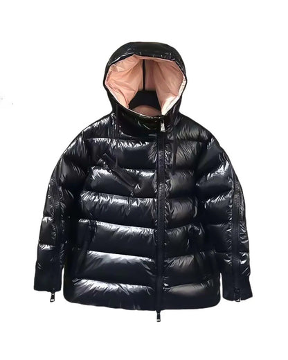 MONC Liriope Black Slant Zipper Hooded Women's Down Jacket 2-8114