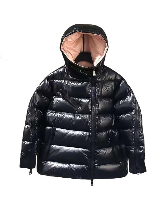 MONC Liriope Black Slant Zipper Hooded Women's Down Jacket 2-8114