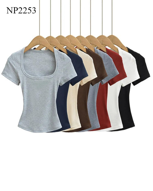 NP2253 Square Collar High Stretch Summer Crop Tops Women Short Sleeve