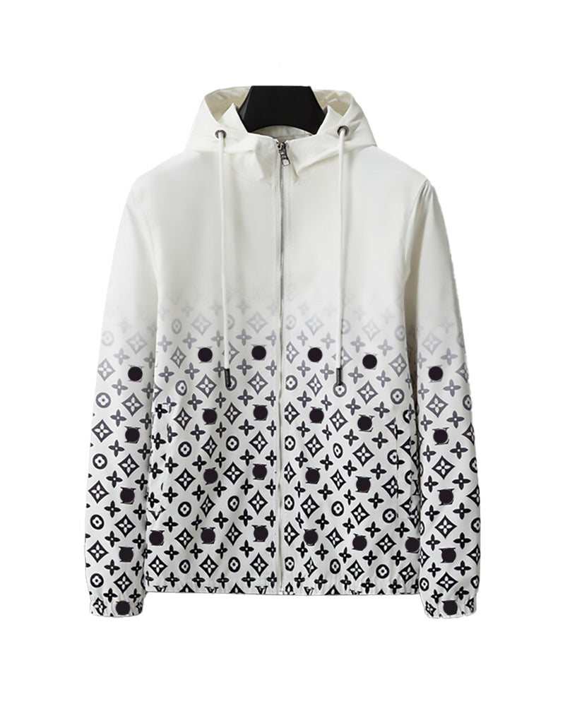 LVS Men's Gradient Monogram Print Hooded White Jacket 66108