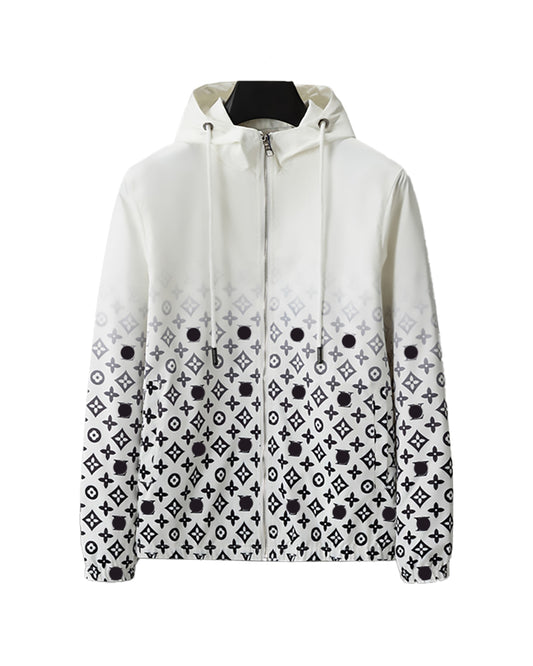 LVS Men's Gradient Monogram Print Hooded White Jacket 66108