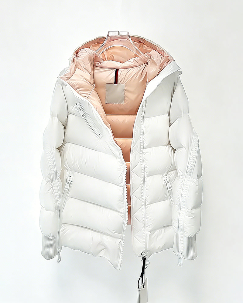 MONC Liriope White Slant Zipper Hooded Women's Down Jacket 2-8114