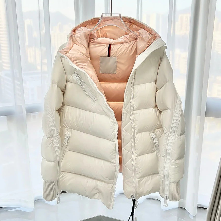 MONC Liriope Black Slant Zipper Hooded Women's Down Jacket 2-8114