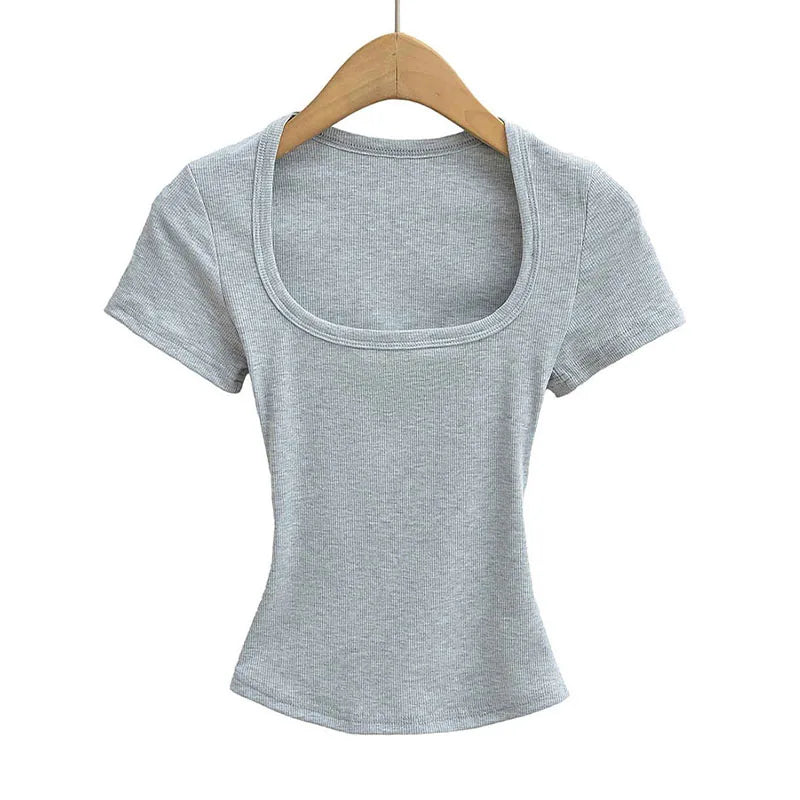 NP2253 Square Collar High Stretch Summer Crop Tops Women Short Sleeve