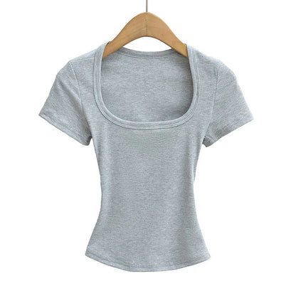 NP2253 Square Collar High Stretch Summer Crop Tops Women Short Sleeve