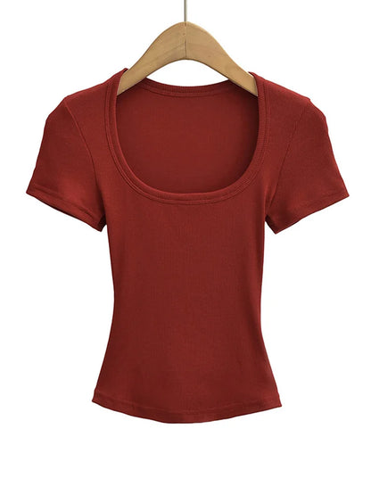 NP2253 Square Collar High Stretch Summer Crop Tops Women Short Sleeve