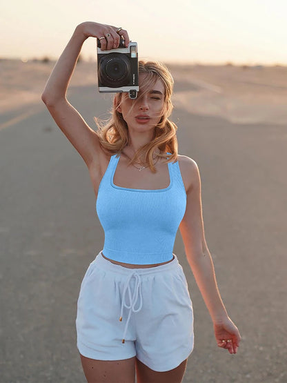 NL5536 Women Solid Square Neck Ribbed Tank Sleeveless Crop Tops