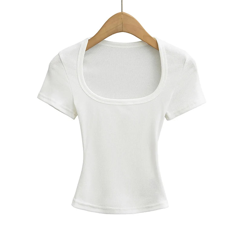 NP2253 Square Collar High Stretch Summer Crop Tops Women Short Sleeve