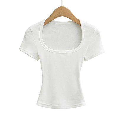 NP2253 Square Collar High Stretch Summer Crop Tops Women Short Sleeve