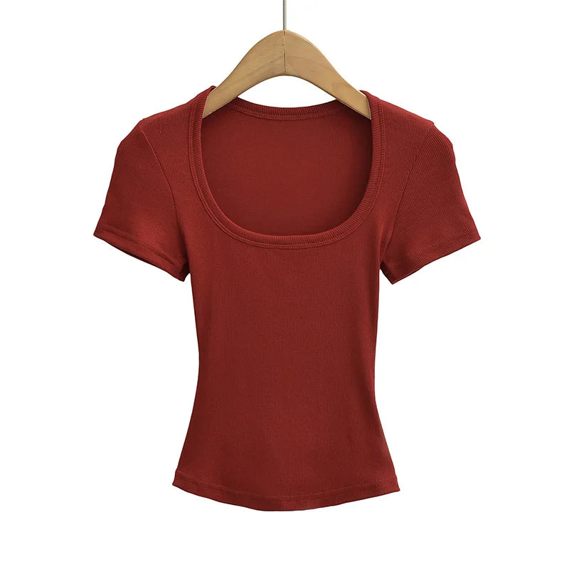 NP2253 Square Collar High Stretch Summer Crop Tops Women Short Sleeve
