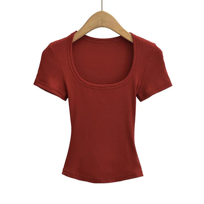 NP2253 Square Collar High Stretch Summer Crop Tops Women Short Sleeve