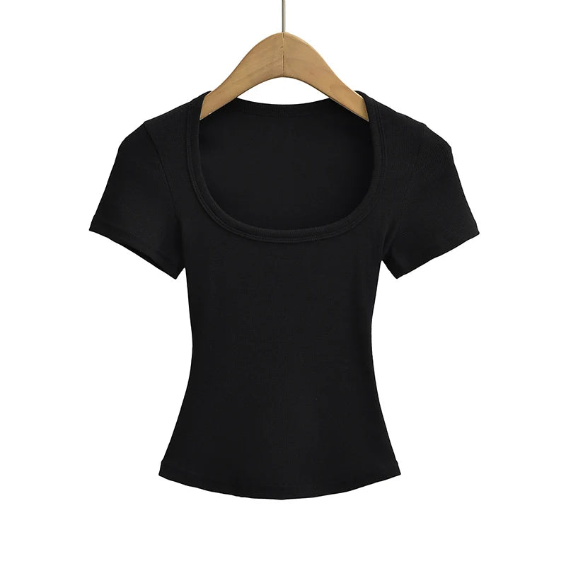 NP2253 Square Collar High Stretch Summer Crop Tops Women Short Sleeve