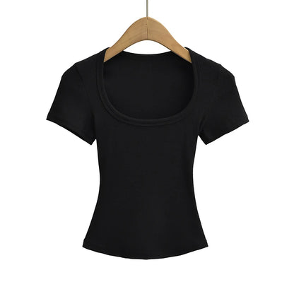 NP2253 Square Collar High Stretch Summer Crop Tops Women Short Sleeve