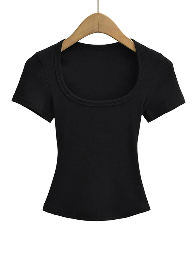 NP2253 Square Collar High Stretch Summer Crop Tops Women Short Sleeve