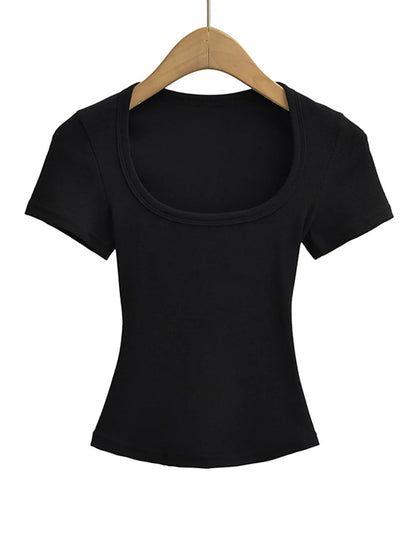 NP2253 Square Collar High Stretch Summer Crop Tops Women Short Sleeve
