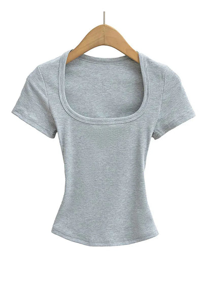 NP2253 Square Collar High Stretch Summer Crop Tops Women Short Sleeve