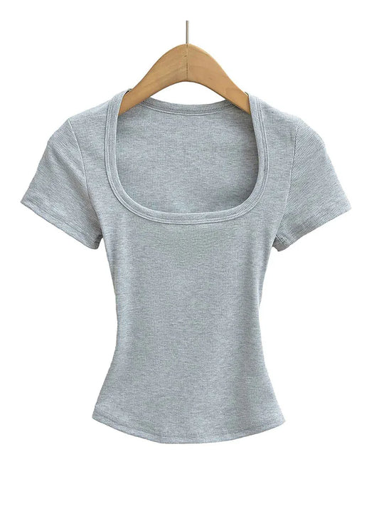 NP2253 Square Collar High Stretch Summer Crop Tops Women Short Sleeve