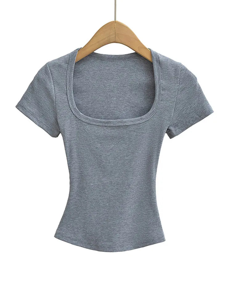NP2253 Square Collar High Stretch Summer Crop Tops Women Short Sleeve