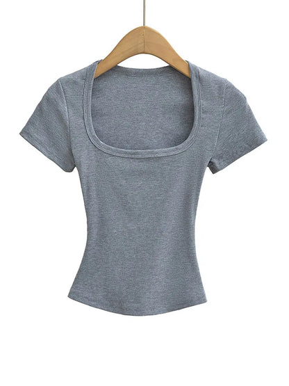 NP2253 Square Collar High Stretch Summer Crop Tops Women Short Sleeve