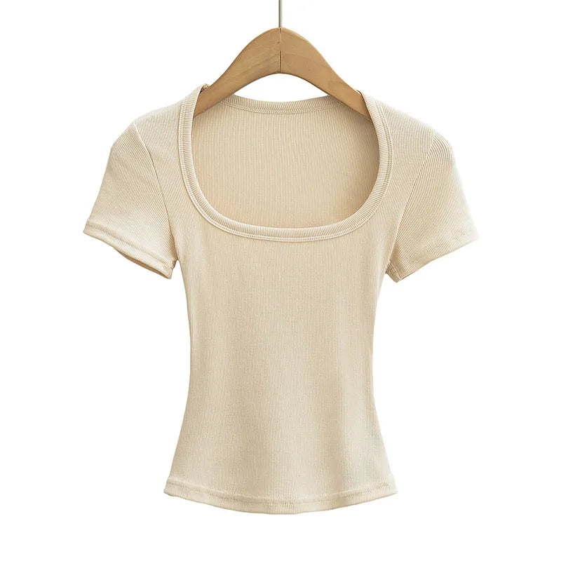 NP2253 Square Collar High Stretch Summer Crop Tops Women Short Sleeve