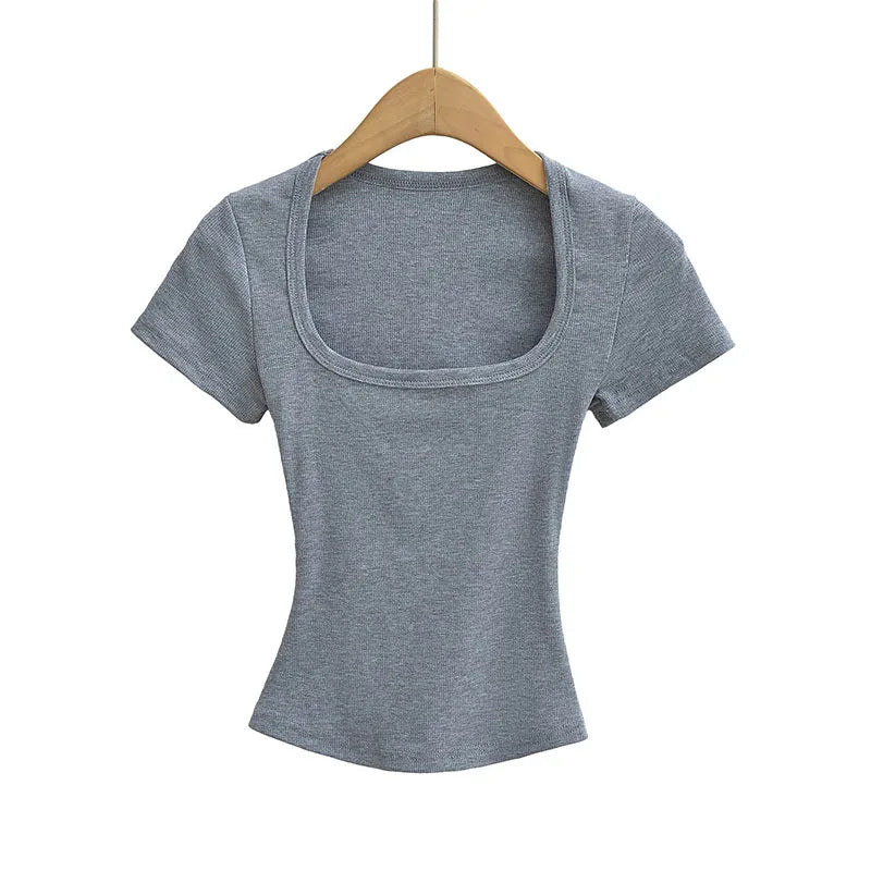 NP2253 Square Collar High Stretch Summer Crop Tops Women Short Sleeve