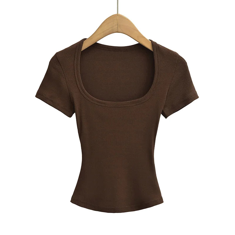 NP2253 Square Collar High Stretch Summer Crop Tops Women Short Sleeve