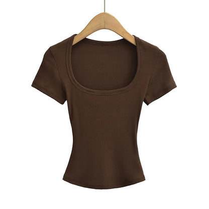 NP2253 Square Collar High Stretch Summer Crop Tops Women Short Sleeve