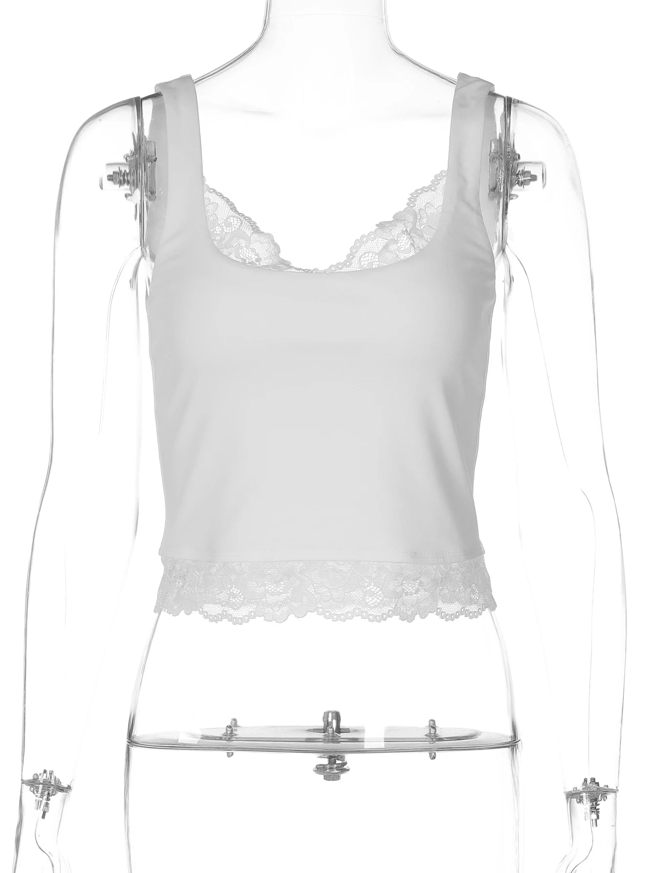 LM6986 Square Collar Backless Slim Lace Ruffles Patchwork Tank Top