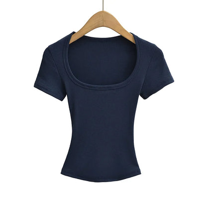 NP2253 Square Collar High Stretch Summer Crop Tops Women Short Sleeve