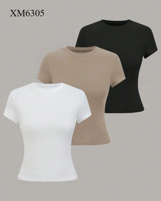 XM6305 Women's Solid Color Short Sleeve T-Shirt, Minimalist Basic Top for Summer