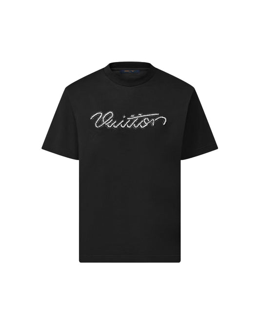 LVS Rhinestone Script Logo Black Tee 8909