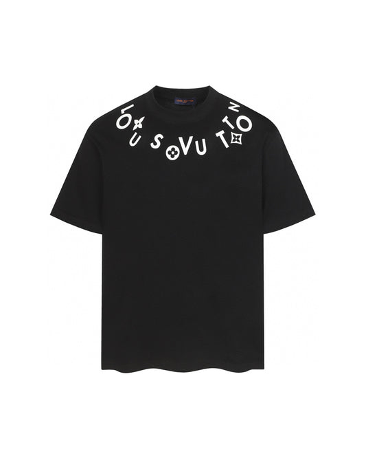 LVS Curved Collar Monogram Letter Black Tee 8903