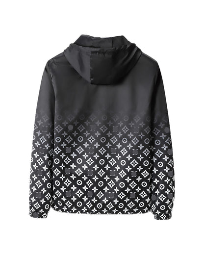 LVS Men's Black Gradient Monogram Print Hooded Jacket 66108