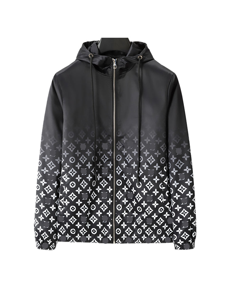 LVS Men's Black Gradient Monogram Print Hooded Jacket 66108