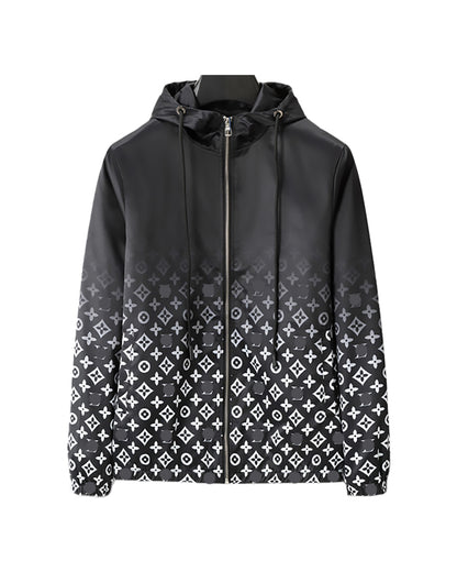 LVS Men's Black Gradient Monogram Print Hooded Jacket 66108
