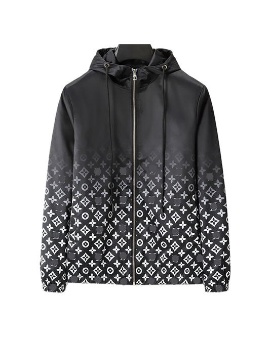 LVS Men's Black Gradient Monogram Print Hooded Jacket 66108