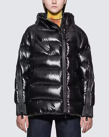 MONC Liriope Black Slant Zipper Hooded Women's Down Jacket 2-8114