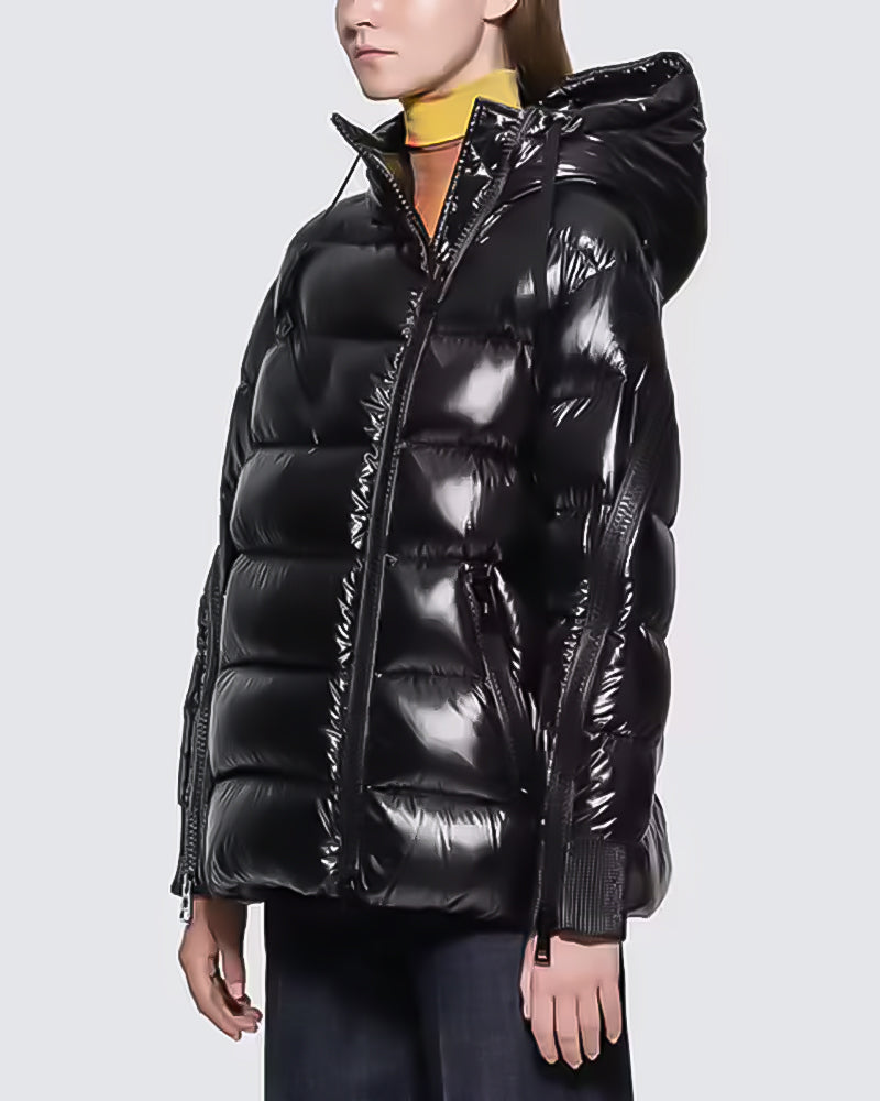 MONC Liriope Black Slant Zipper Hooded Women's Down Jacket 2-8114