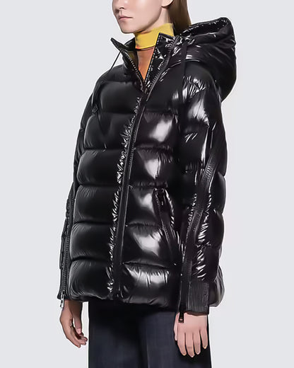 MONC Liriope Black Slant Zipper Hooded Women's Down Jacket 2-8114